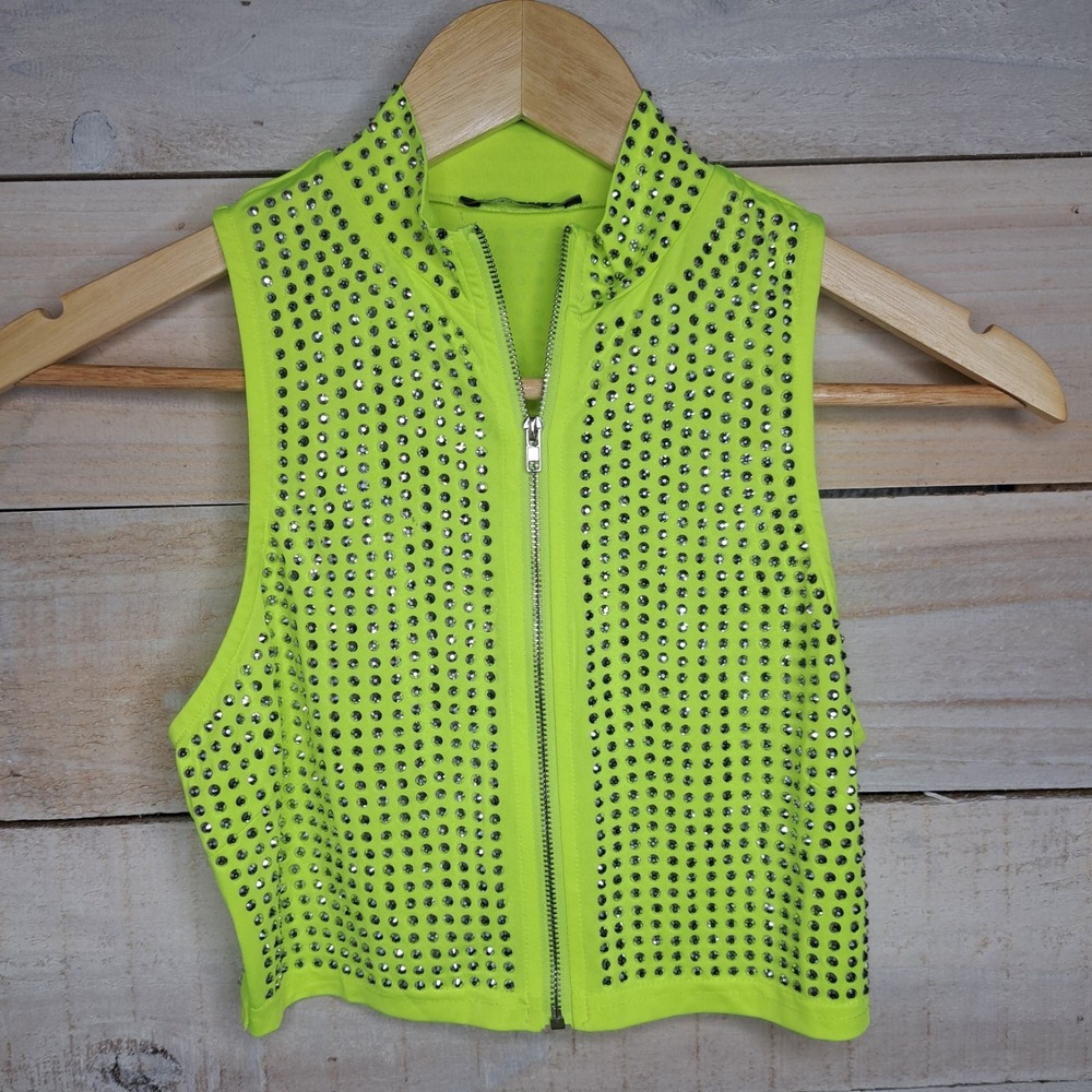 Neon Brat Summer Banjul Women's Small Neon Green Rhinestone Studded Crop Top